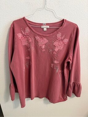 Coldwater Creek Dusty Rose Floral Embroidered Long Sleeve Tee